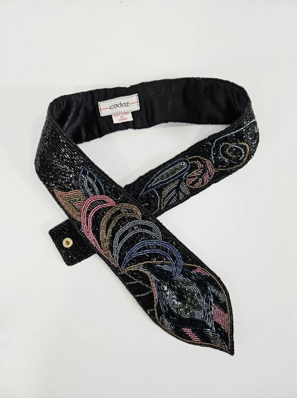 Vintage Cadaz Intricate Seed Beaded Peacock Feather Fold Over Statement Belt
